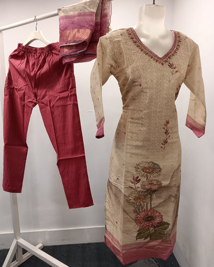 LADIES KURTI SET CODE-A180 He and She Women's Beige Floral Printed Straight Kurti Set with Straight Pants & Organza Dupatta | Elegant 3-Piece Ethnic Wear