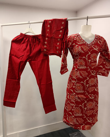 LADIES KURTI SET CODE-A176 He and She Women's Red Floral Printed Straight Kurti Set with Straight Pants & Dupatta | Elegant 3-Piece Ethnic Wear