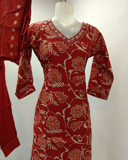 LADIES KURTI SET CODE-A176 He and She Women's Red Floral Printed Straight Kurti Set with Straight Pants & Dupatta | Elegant 3-Piece Ethnic Wear
