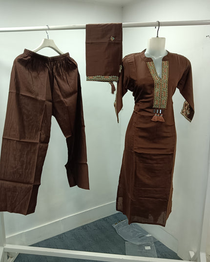 LADIES KURTI SET CODE-A179 He and She Women's Embroidered Straight Kurti Set with Straight Pants & Dupatta | Beige & Brown | 3-Piece Ethnic Wear