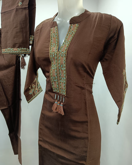 LADIES KURTI SET CODE-A179 He and She Women's Embroidered Straight Kurti Set with Straight Pants & Dupatta | Beige & Brown | 3-Piece Ethnic Wear