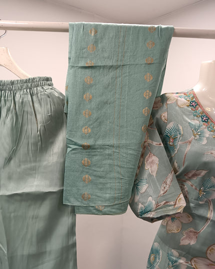 LADIES KURTI SET CODE-A182 He and She Women's Mint Green Floral Kurti Pant Set with Dupatta | Ethnic Wear