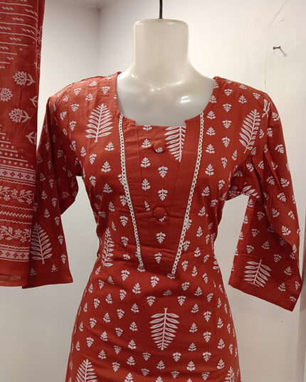 LADIES KURTI SET CODE-A170 Women's Red Printed Straight Kurti Pant Set with Dupatta | Ethnic Cotton Blend Kurta Set | He and She
