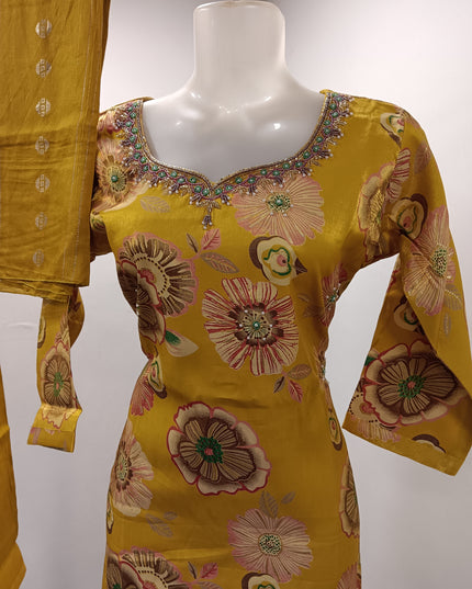 LADIES KURTI SET CODE-A183 He and She Women's Mustard Floral Printed Kurti Set with Pant & Dupatta | Embroidered Neck | Ethnic Wear