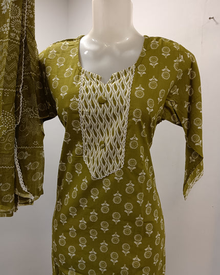 LADIES KURTI SET CODE-A169 He and She Women's Olive Green Printed Straight Kurti Pant Set with Dupatta | Ethnic Cotton Blend Suit Set