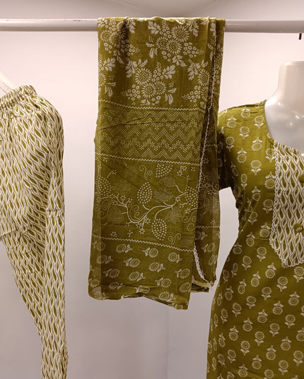 LADIES KURTI SET CODE-A169 He and She Women's Olive Green Printed Straight Kurti Pant Set with Dupatta | Ethnic Cotton Blend Suit Set