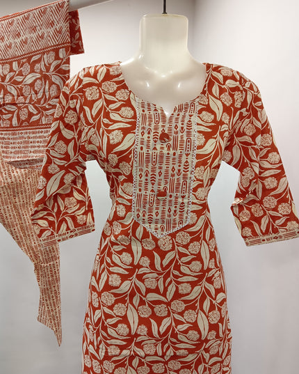 LADIES KURTI SET CODE-A168 He and She Women's Rust Floral Printed Straight Kurti Set with Straight Pajama & Dupatta | Cotton Blend Ethnic Wear
