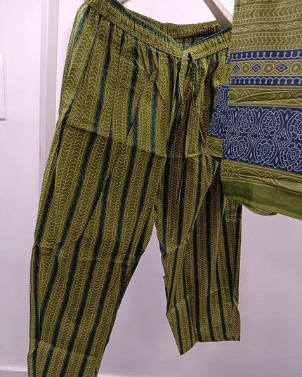 LADIES KURTI SET CODE-A166 Women's Printed Straight Kurti Set with Dupatta & Straight Pajama | Green & Navy Blue Cotton Blend | He and She