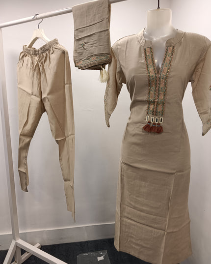 LADIES KURTI SET CODE-A179 He and She Women's Embroidered Straight Kurti Set with Straight Pants & Dupatta | Beige & Brown | 3-Piece Ethnic Wear