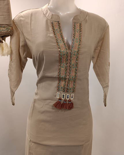 LADIES KURTI SET CODE-A179 He and She Women's Embroidered Straight Kurti Set with Straight Pants & Dupatta | Beige & Brown | 3-Piece Ethnic Wear