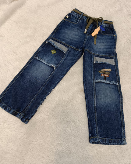 BOYS JEANS CODE-A162 Boys Dark Blue Wide Leg Cargo Jeans with Patchwork | Stylish Denim Pants for Kids | He And She Kidswear