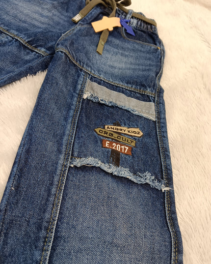 BOYS JEANS CODE-A162 Boys Dark Blue Wide Leg Cargo Jeans with Patchwork | Stylish Denim Pants for Kids | He And She Kidswear