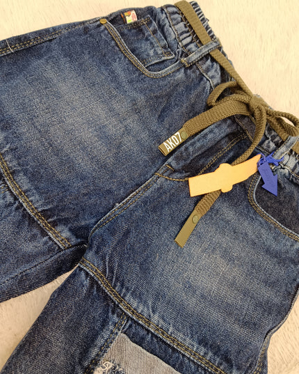 BOYS JEANS CODE-A162 Boys Dark Blue Wide Leg Cargo Jeans with Patchwork | Stylish Denim Pants for Kids | He And She Kidswear