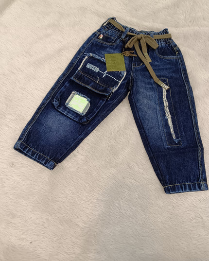 BOYS JEANS CODE-A164 Boys Dark Blue Patchwork Denim Jeans | Stylish Full-Length Kids Jeans | He And She