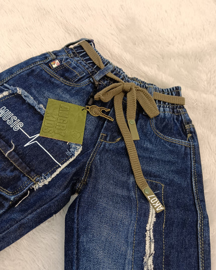 BOYS JEANS CODE-A164 Boys Dark Blue Patchwork Denim Jeans | Stylish Full-Length Kids Jeans | He And She