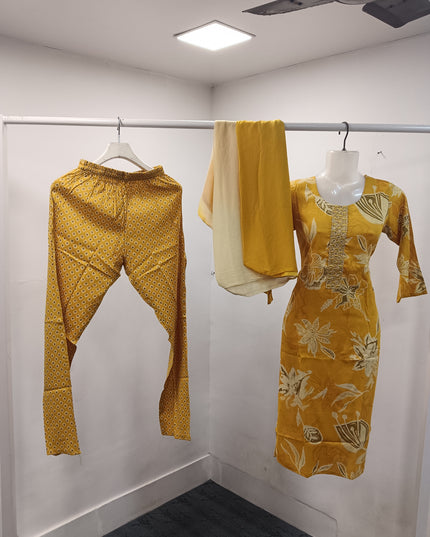 LADIES KURTI SET CODE-A197 He and She Women's Mustard Yellow Printed Kurti Set with Straight Pant & Dupatta | Ethnic Wear