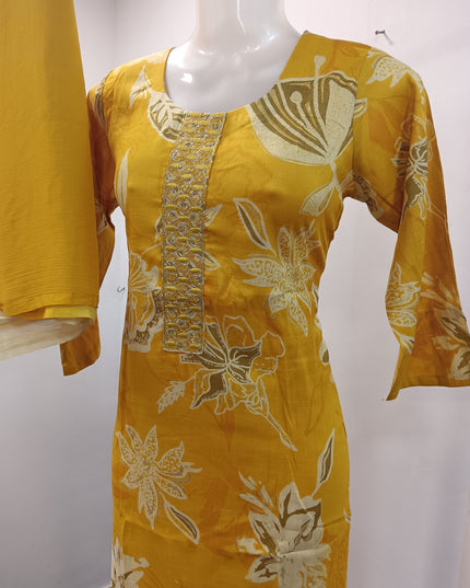 LADIES KURTI SET CODE-A197 He and She Women's Mustard Yellow Printed Kurti Set with Straight Pant & Dupatta | Ethnic Wear
