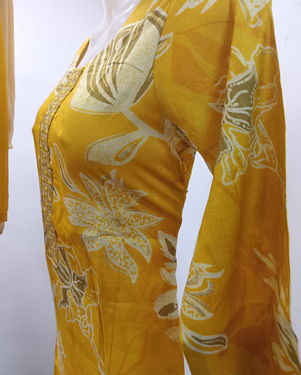 LADIES KURTI SET CODE-A197 He and She Women's Mustard Yellow Printed Kurti Set with Straight Pant & Dupatta | Ethnic Wear