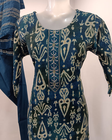 LADIES KURTI SET CODE-A189 Women's Teal Printed Kurti Set with Patiala Pants & Dupatta | Ethnic Cotton Blend Suit Set