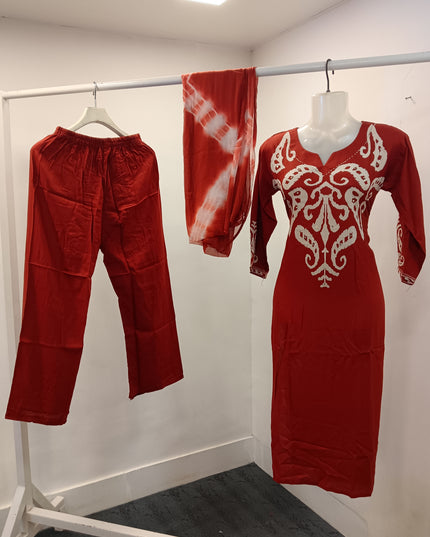 LADIES KURTI SET CODE-A209 He and She Women's Red Embroidered Kurta Pant Set with Tie-Dye Dupatta | Straight Fit Ethnic Wear