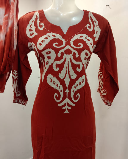 LADIES KURTI SET CODE-A209 He and She Women's Red Embroidered Kurta Pant Set with Tie-Dye Dupatta | Straight Fit Ethnic Wear