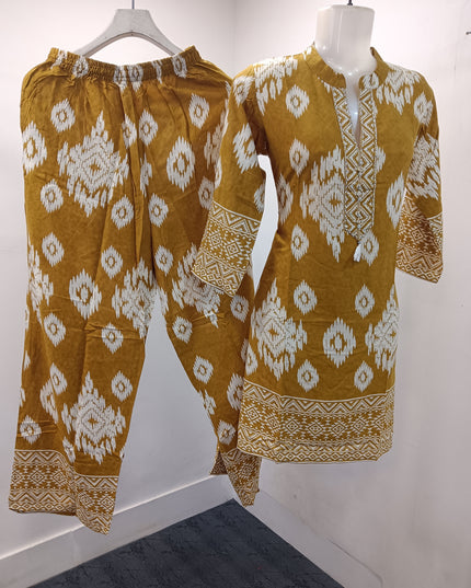LADIES KURTI SET CODE-A199 He and She Women's Mustard Ikat Print Kurti Pant Set | Straight Fit Ethnic Wear