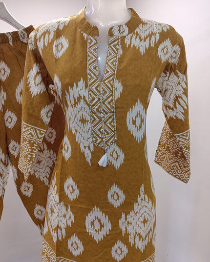 LADIES KURTI SET CODE-A199 He and She Women's Mustard Ikat Print Kurti Pant Set | Straight Fit Ethnic Wear