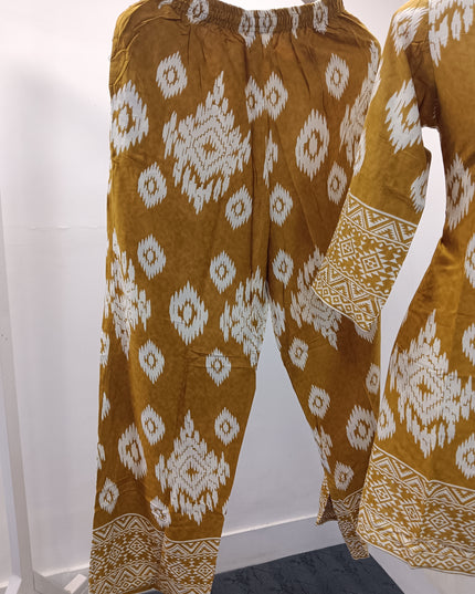 LADIES KURTI SET CODE-A199 He and She Women's Mustard Ikat Print Kurti Pant Set | Straight Fit Ethnic Wear