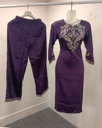 LADIES KURTI SET CODE-203 He and She Women's Purple Embroidered Kurta Pant Set | Straight Fit Ethnic Wear