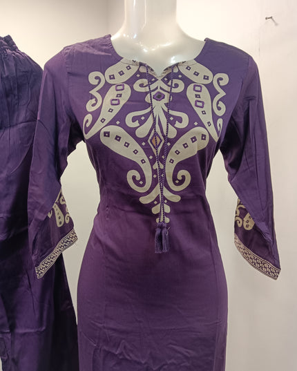 LADIES KURTI SET CODE-203 He and She Women's Purple Embroidered Kurta Pant Set | Straight Fit Ethnic Wear