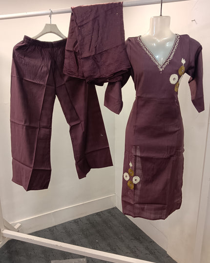 LADIES KURTI SET CODE-A210 He and She Women's Plum Embroidered Kurta Pant Set with Dupatta | Straight Fit Ethnic Wear
