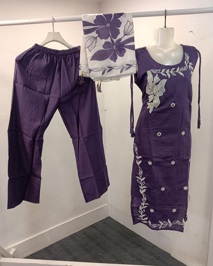 LADIES KURTI SET CODE-A193 Women's Purple Embroidered Cotton Blend Kurta Set with Straight Pants & Printed Dupatta