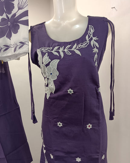 LADIES KURTI SET CODE-A193 Women's Purple Embroidered Cotton Blend Kurta Set with Straight Pants & Printed Dupatta