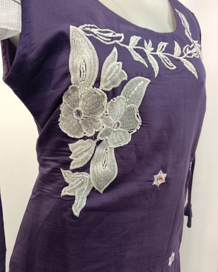 LADIES KURTI SET CODE-A193 Women's Purple Embroidered Cotton Blend Kurta Set with Straight Pants & Printed Dupatta