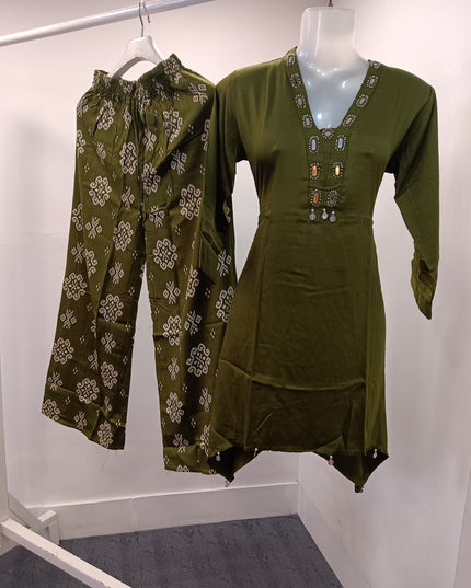 LADIES KURTI SET CODE-206 He and She Olive Green Women's Kurti & Printed Palazzo Set | Stylish Ethnic Co-ord Set