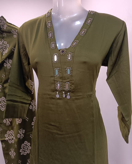 LADIES KURTI SET CODE-206 He and She Olive Green Women's Kurti & Printed Palazzo Set | Stylish Ethnic Co-ord Set
