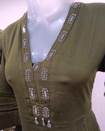 LADIES KURTI SET CODE-206 He and She Olive Green Women's Kurti & Printed Palazzo Set | Stylish Ethnic Co-ord Set