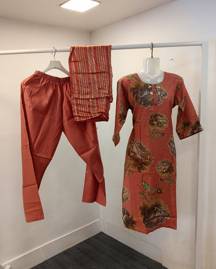 LADIES KURTI SET CODE-A191 He and She Women's Floral Printed Kurti Pant Set with Dupatta – Rust Orange | 3-Piece Ethnic Wear