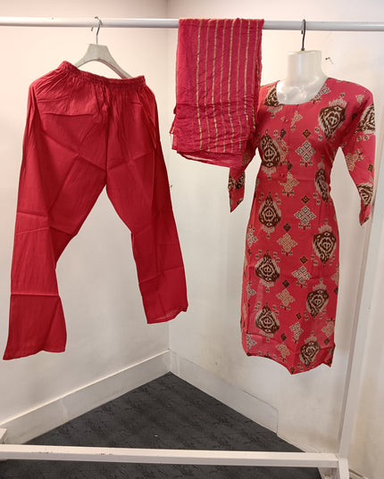 LADIES KURTI SET CODE-A192He and She Women's Printed Kurti Pant Set with Dupatta | Ethnic Straight Kurta 3-Piece Set - Pink & Red