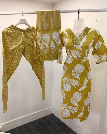 LADIES KURTI SET CODE-A194 Women's Floral Printed Kurta Pant Set with Dupatta | 3-Piece Ethnic Suit Set | Grey, Mustard Yellow & Olive Green | He and She