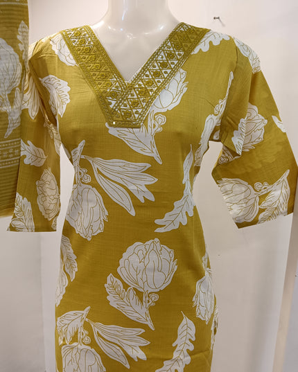 LADIES KURTI SET CODE-A194 Women's Floral Printed Kurta Pant Set with Dupatta | 3-Piece Ethnic Suit Set | Grey, Mustard Yellow & Olive Green | He and She