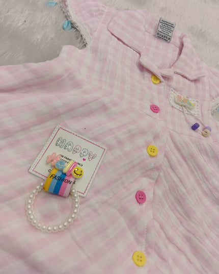 GIRLS FROCK CODE-216 Baby Girls Cotton Checked Shirt Dress | Soft Casual Summer Dress | Pink & Sky Blue | He And She