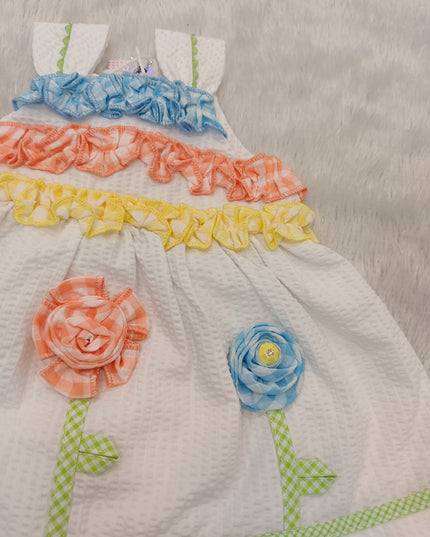 GIRLS FROCK CODE-A214 Girls White Floral Appliqué Cotton Dress | Colorful Summer Party Dress for Kids | He And She