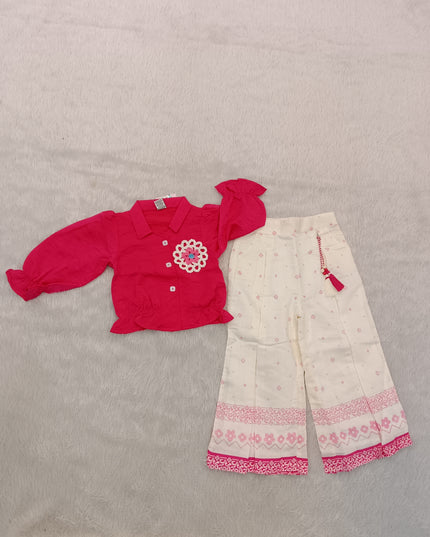 GIRLS CODINATE SET CODE-A213 Girls Pink Embroidered Top with Printed Palazzo Set | Stylish Cotton Blend Co-ord Set | He And She