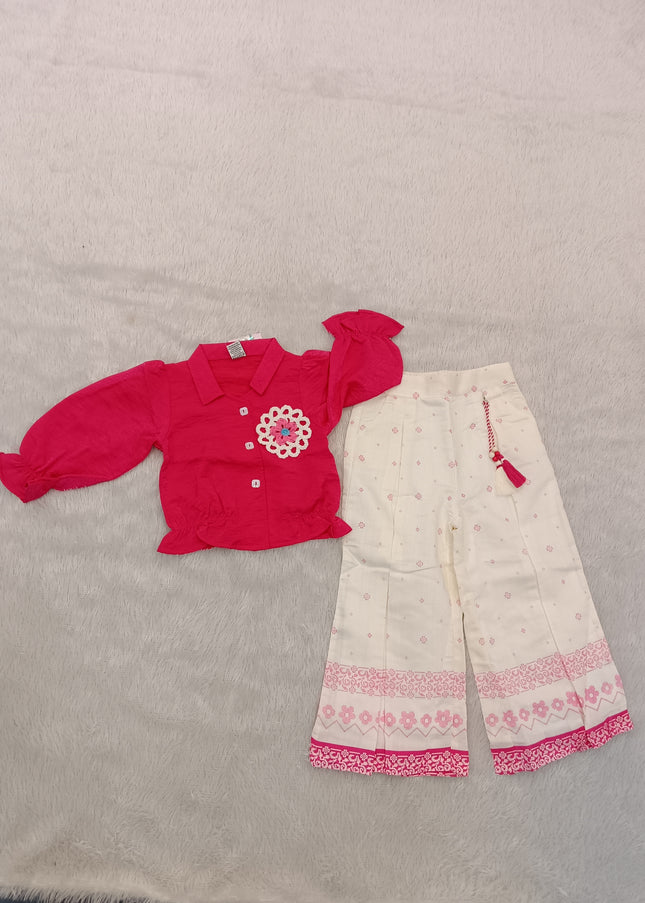 GIRLS CODINATE SET CODE-A213 Girls Pink Embroidered Top with Printed Palazzo Set | Stylish Cotton Blend Co-ord Set | He And She