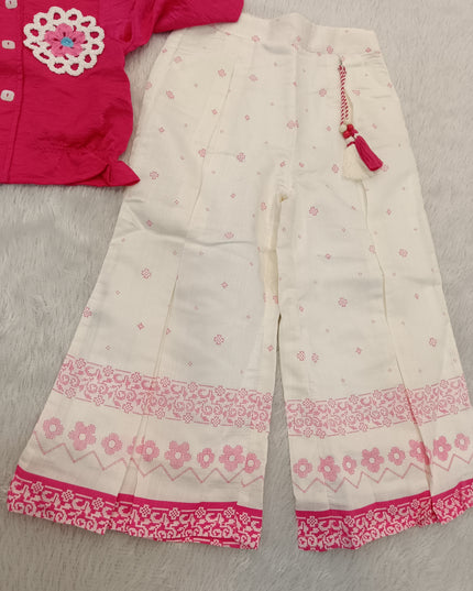 GIRLS CODINATE SET CODE-A213 Girls Pink Embroidered Top with Printed Palazzo Set | Stylish Cotton Blend Co-ord Set | He And She