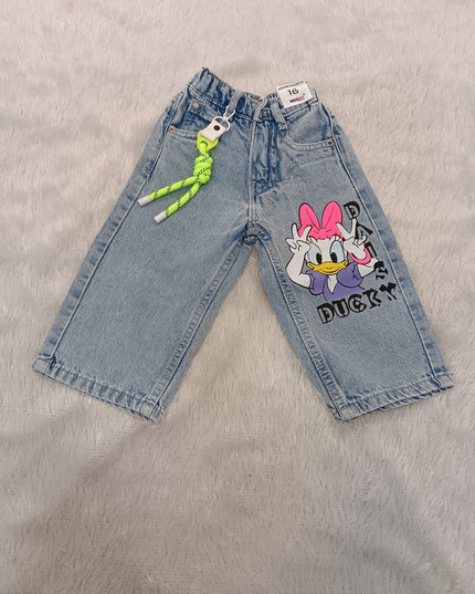GIRLS JEANS CODE-A218Girls Light Blue Daisy Duck Wide Leg Denim Jeans | Cartoon Print Kids Jeans | He And She