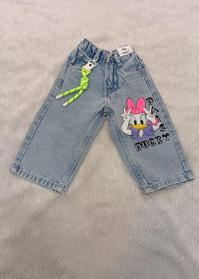 GIRLS JEANS CODE-A218Girls Light Blue Daisy Duck Wide Leg Denim Jeans | Cartoon Print Kids Jeans | He And She