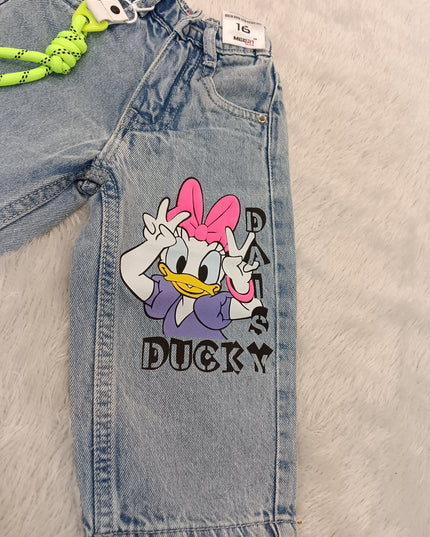 GIRLS JEANS CODE-A218Girls Light Blue Daisy Duck Wide Leg Denim Jeans | Cartoon Print Kids Jeans | He And She