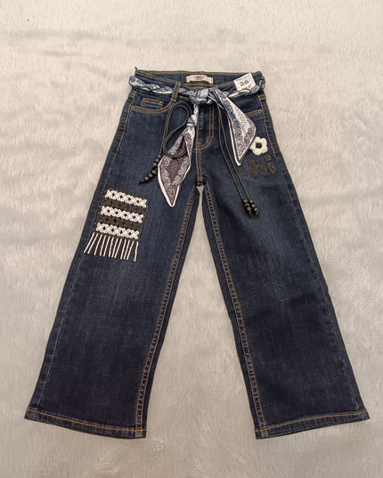 GIRLS JEANS CODE-A220 Girls Dark Blue Embroidered Wide Leg Denim Jeans with Scarf Belt | Stylish Kids Denim Pants | He And She